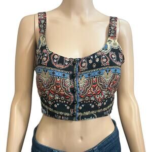 Womens Boho Crop Top Large Paisley Floral Smocked Hippie Retro Festival Black